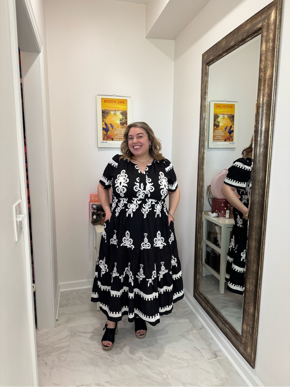 Ritera Black and White Embroidered Tiered Midi Dress